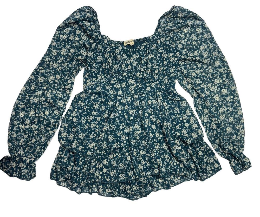 Inspired Heart Women's Blue White Floral Long Sleeve Square Neck Jumpsuit M